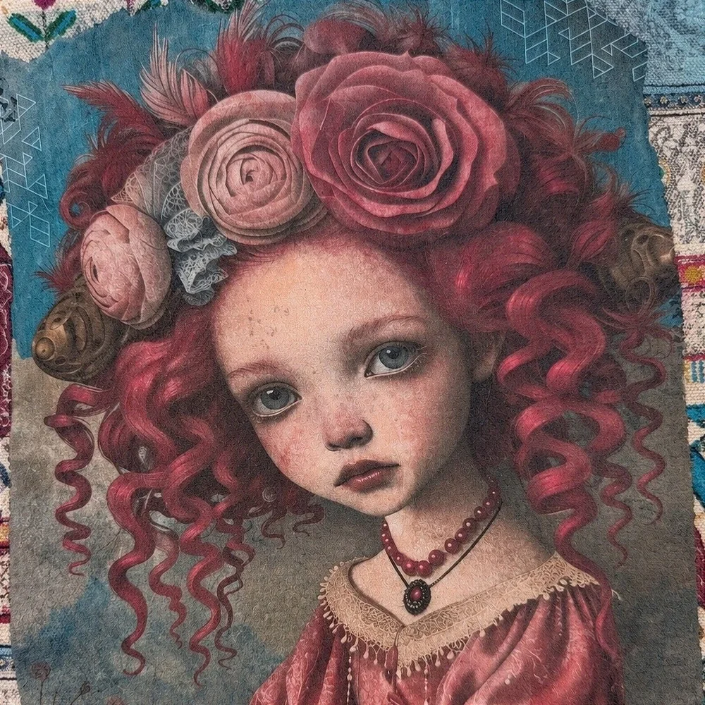 Decoupage Canvas Tote Bag Pink Hair Girl Floral Rose Portrait Boho Art